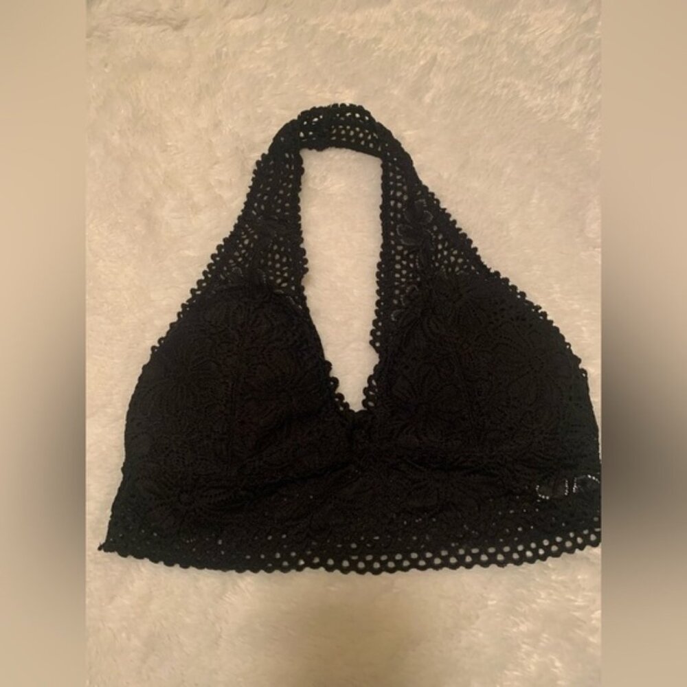 Black Lace Halter Bralette- Lined - Size Large